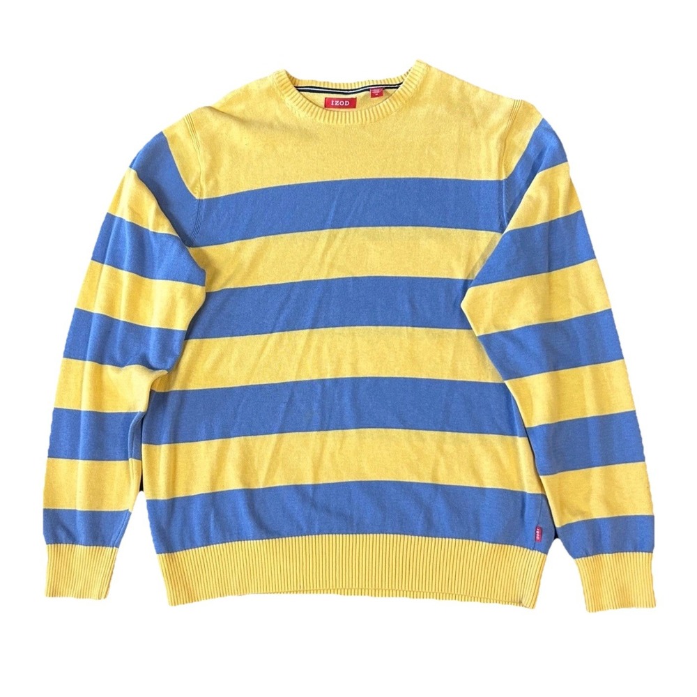 IZOD Mens Crewneck Sweater Yellow Blue Striped Long Sleeve Rugby Size Medium